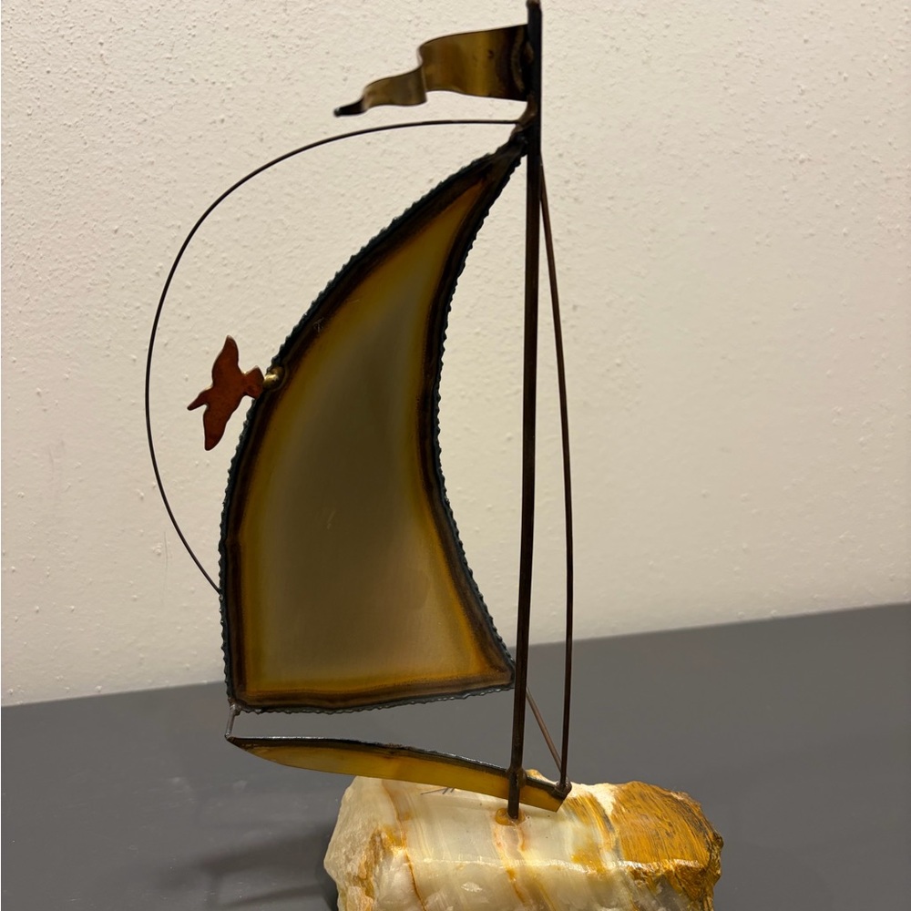 Vintage Demott Signed Brass Sailboat On Marble Base